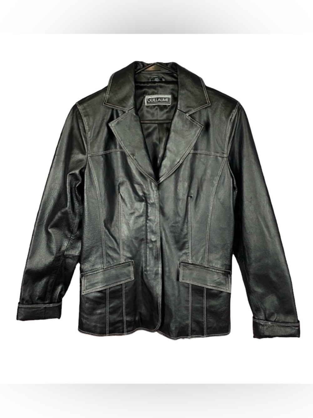 Guillaume Classic Black Leather Moto Button Zip Jacket Blazer Sz S